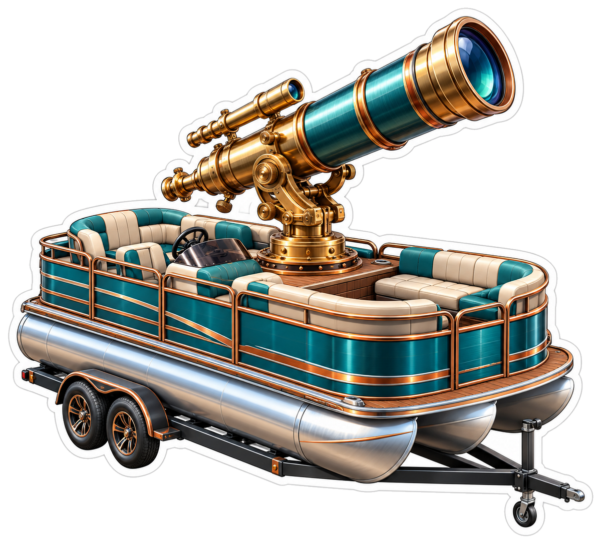 Teal Pontoon Boat Golden Telescope Art Vinyl Decal Stickers