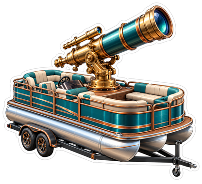 Teal Pontoon Boat Golden Telescope Art Vinyl Decal Stickers