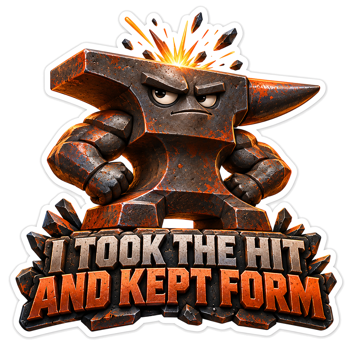 Stern Iron Anvil Character with Flying Sparks Vinyl Decal Stickers