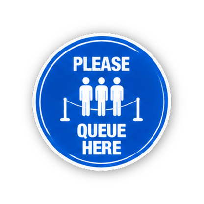 Blue Please Queue Here Three Figures Circle Vinyl Decal Stickers