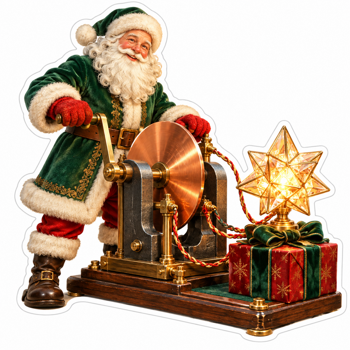 Santa Turning a Copper Wheel beside a Lit Star Vinyl Decal Stickers