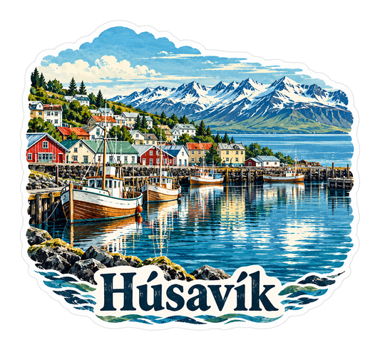 Husavik Harbor and Snowy Mountains Art Vinyl Decal Stickers