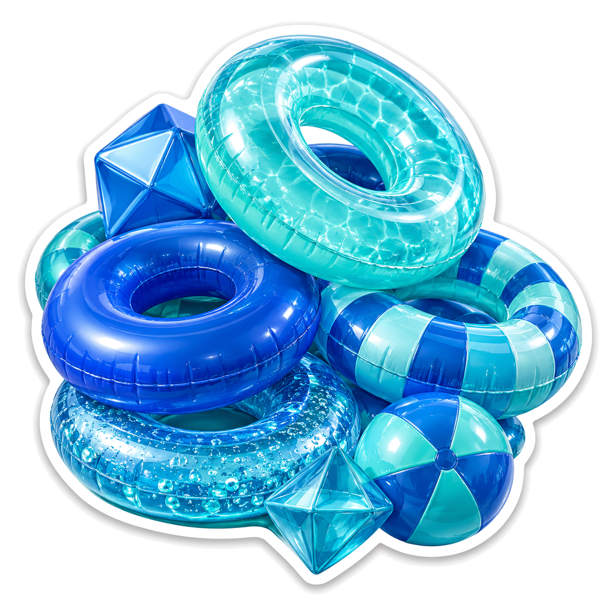 Blue Teal Pool Rings with Beach Ball and Gems Vinyl Decal Stickers