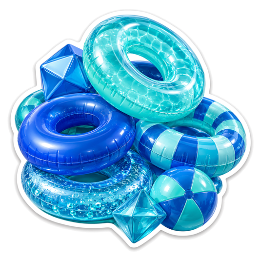 Blue Teal Pool Rings with Beach Ball and Gems Vinyl Decal Stickers