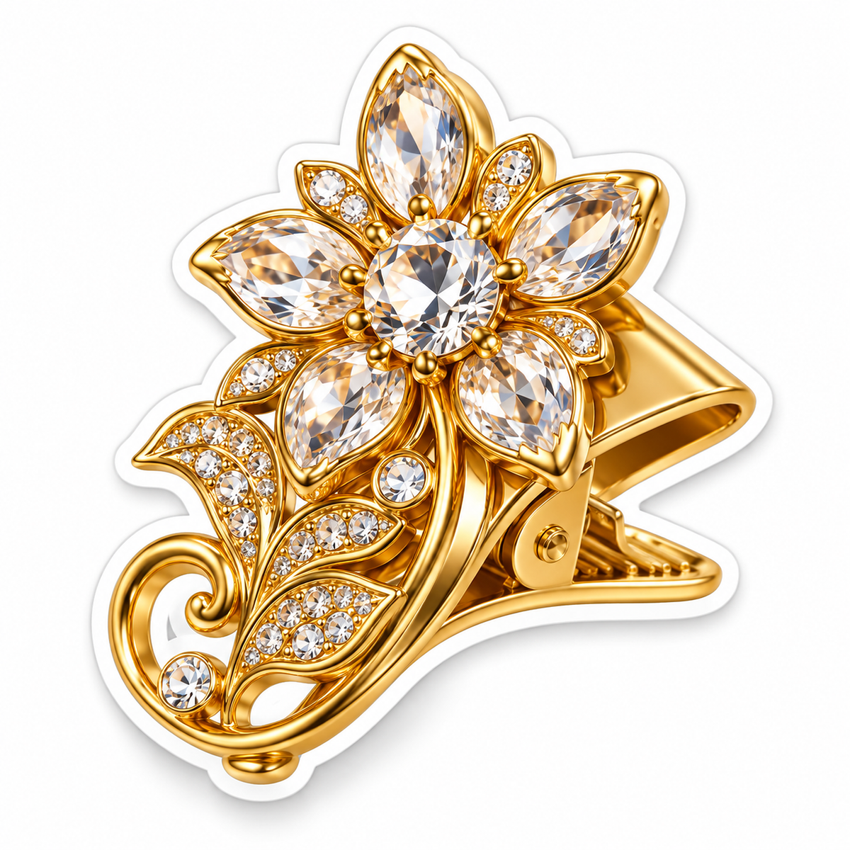 Golden Flower Clip with Clear Sparkling Gems Vinyl Decal Stickers