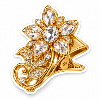 Golden Flower Clip with Clear Sparkling Gems Vinyl Decal Stickers