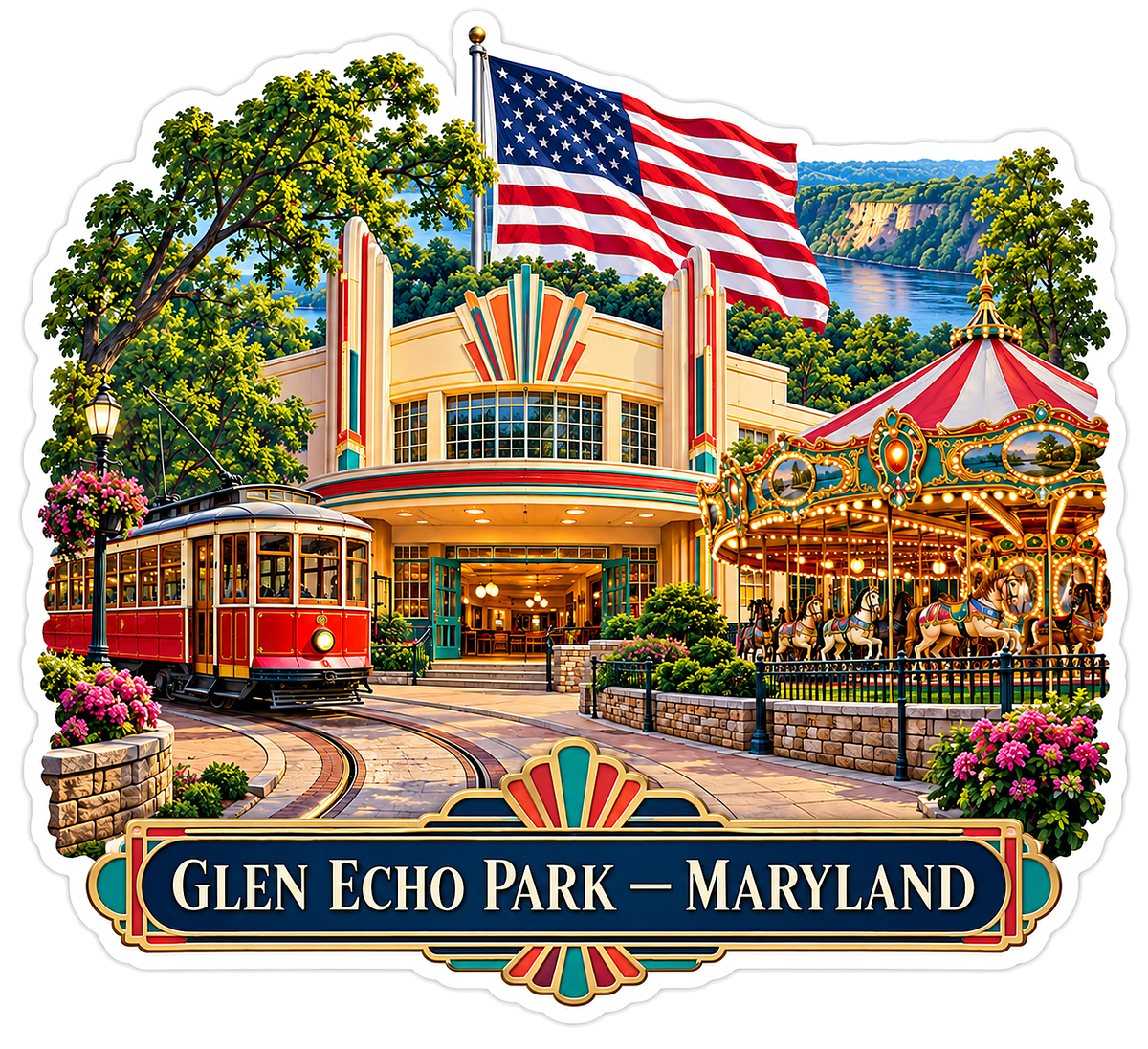 Maryland Carousel Park with US Flag Art Vinyl Decal Stickers