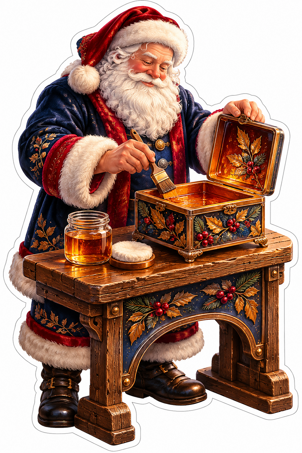 Santa Varnishing a Colorful Floral Wooden Box Vinyl Decal Stickers