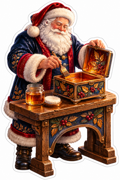 Santa Varnishing a Colorful Floral Wooden Box Vinyl Decal Stickers