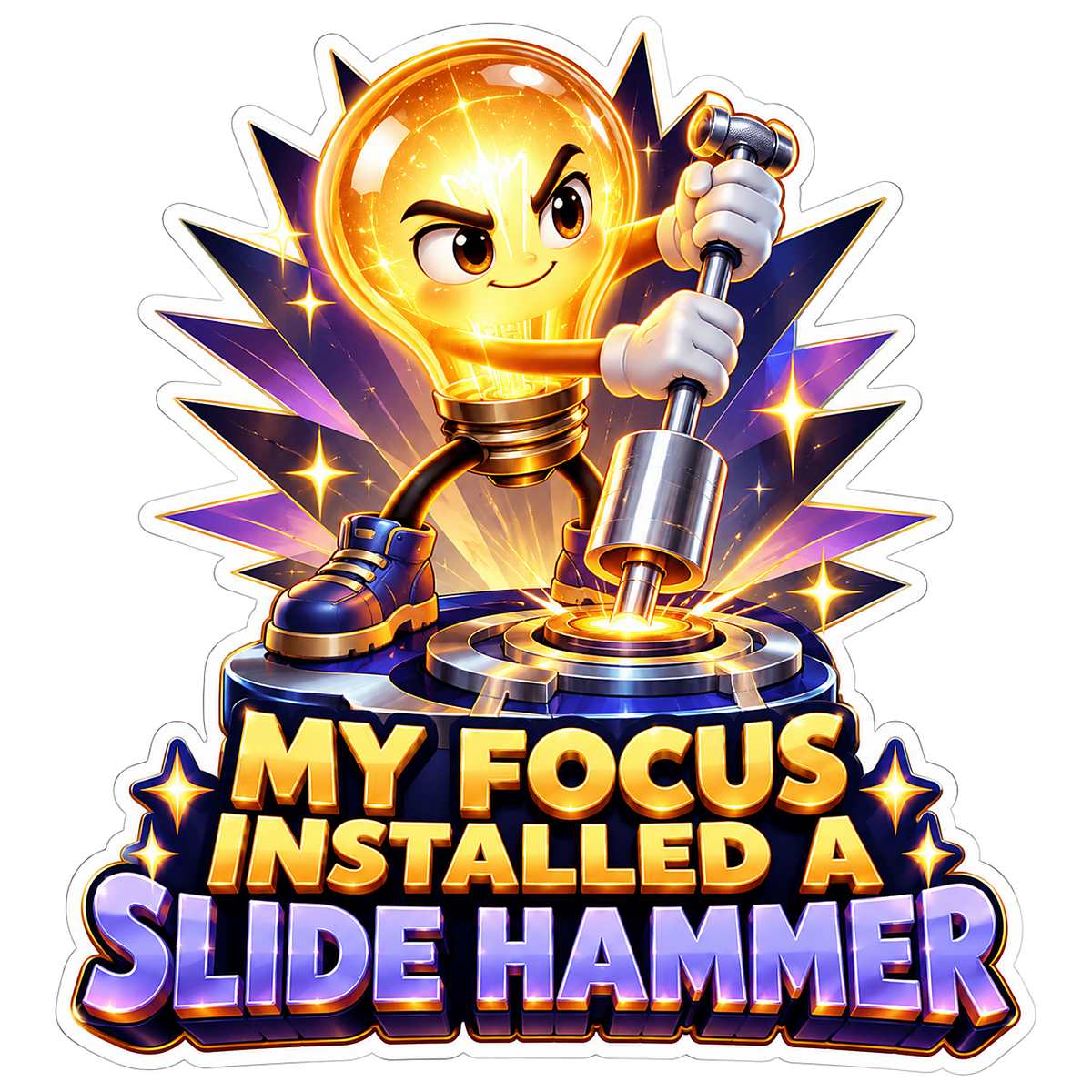 Glowing Light Bulb Mascot with Slide Hammer Vinyl Decal Stickers