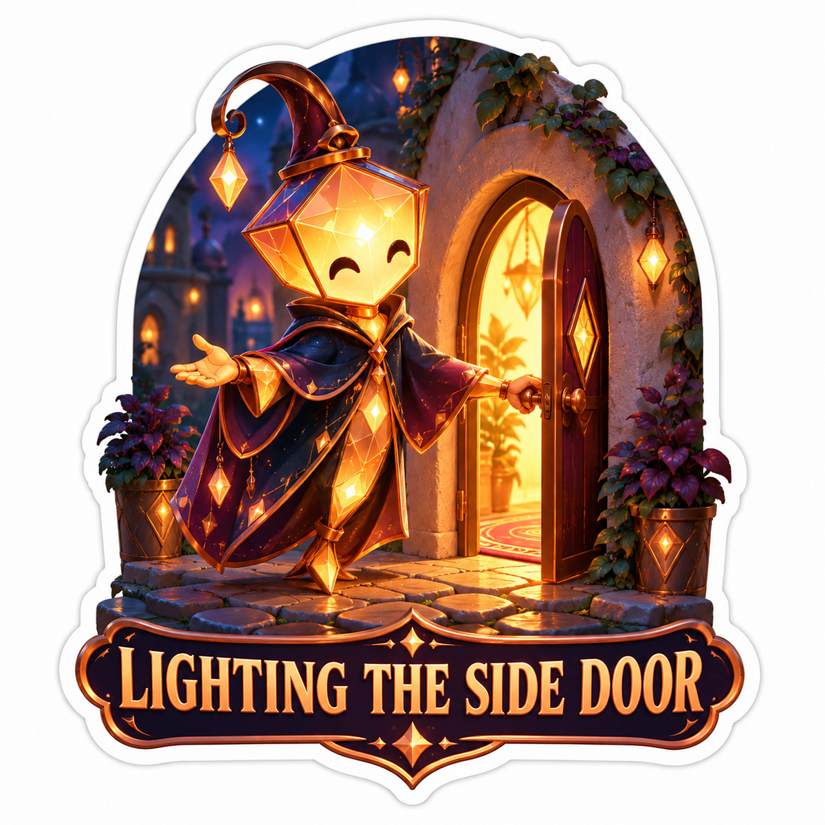 Smiling Lantern Figure Opening a Glowing Door Vinyl Decal Stickers