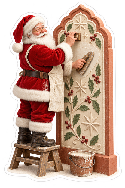 Santa Carving Holly Wall Panel Art Vinyl Decal Stickers
