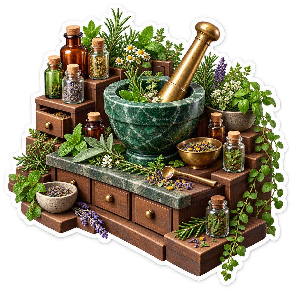 Green Mortar and Pestle on Herb Workbench Vinyl Decal Stickers