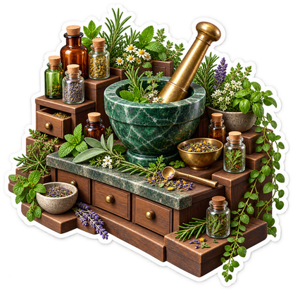 Green Mortar and Pestle on Herb Workbench Vinyl Decal Stickers