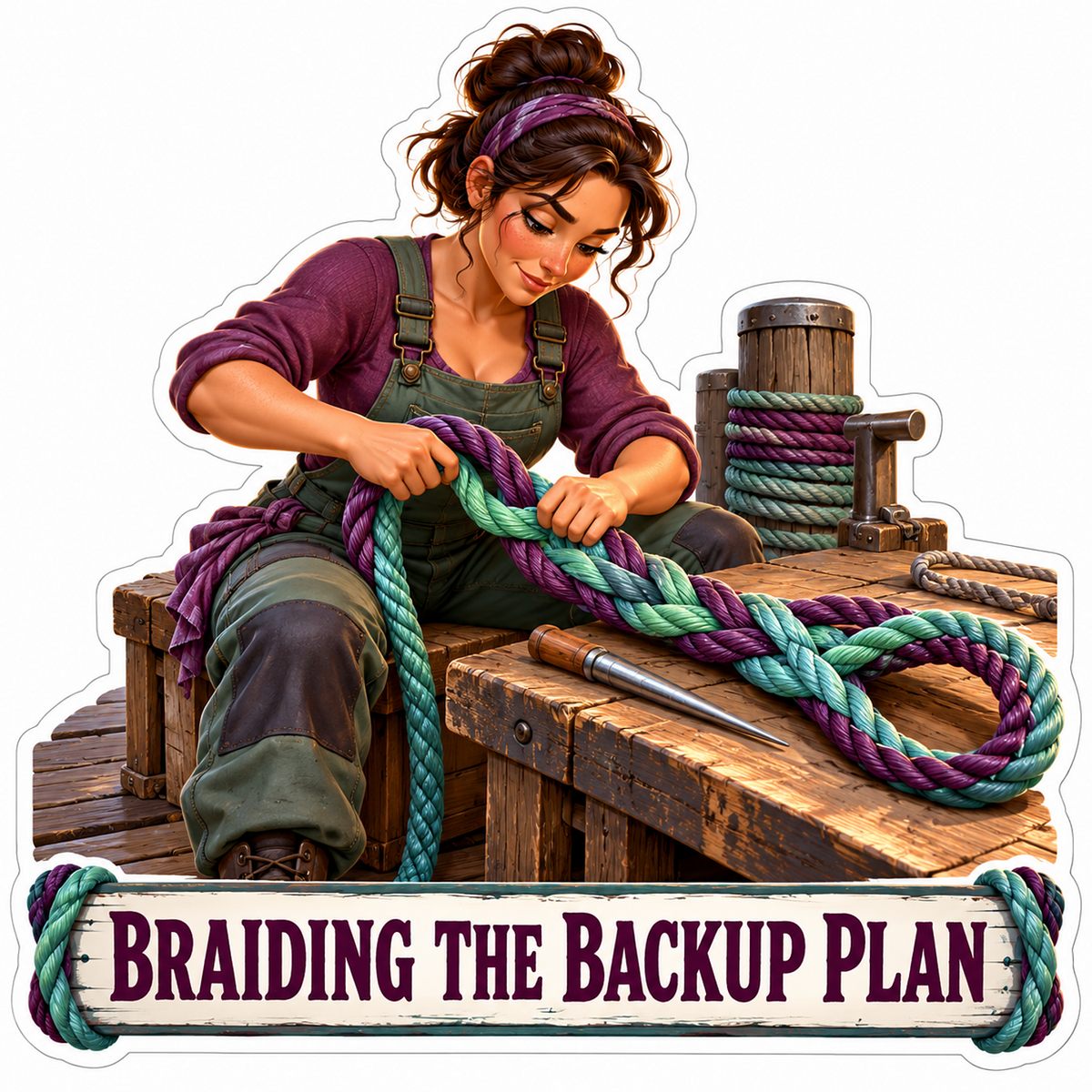 Woman Braiding Purple Green Rope at Workbench Vinyl Decal Stickers