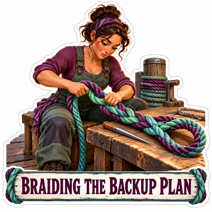 Woman Braiding Purple Green Rope at Workbench Vinyl Decal Stickers