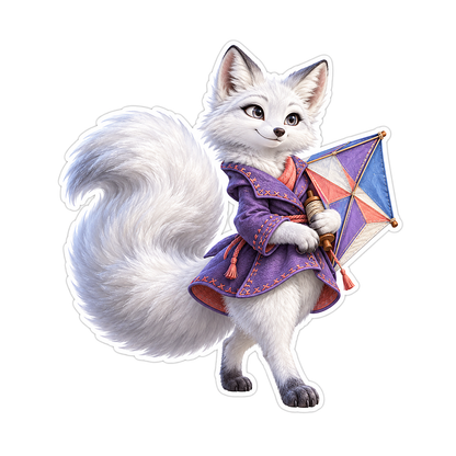White Fox in Purple Coat with Kite Art Vinyl Decal Stickers