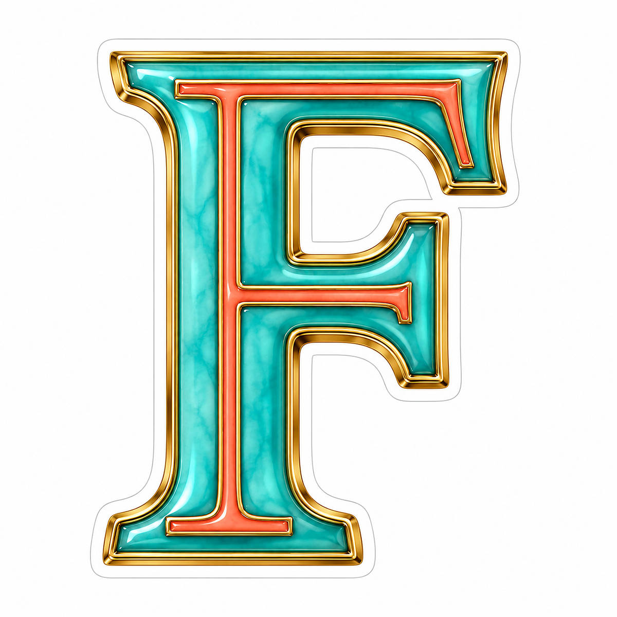 Aquamarine Coral Gold Border Letter F Vinyl Decal Stickers