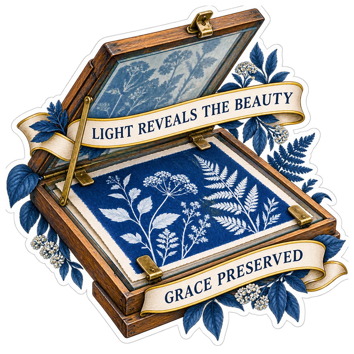 Grace Blue Floral Print in Wooden Frame Art Vinyl Decal Stickers