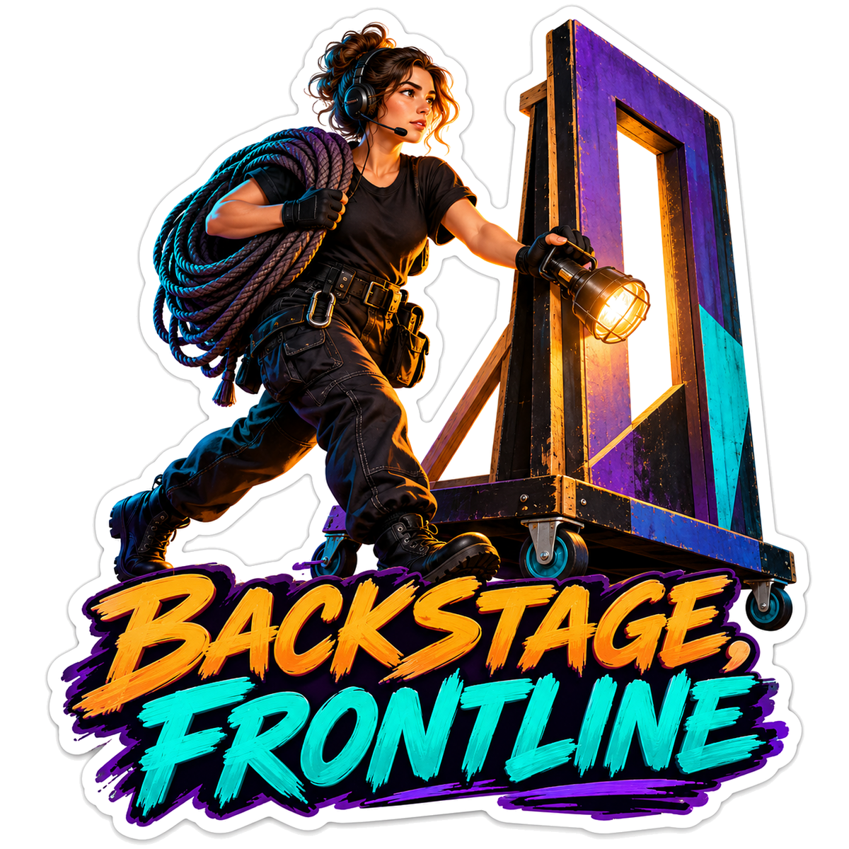 Stage Worker Pulling a Purple Wheeled Set Frame Vinyl Decal Stickers