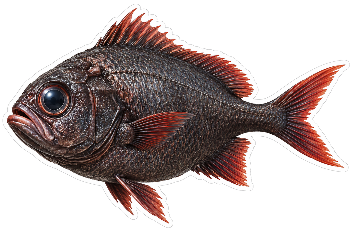 Dark Round Fish with Scarlet Fin Edges Art Vinyl Decal Stickers