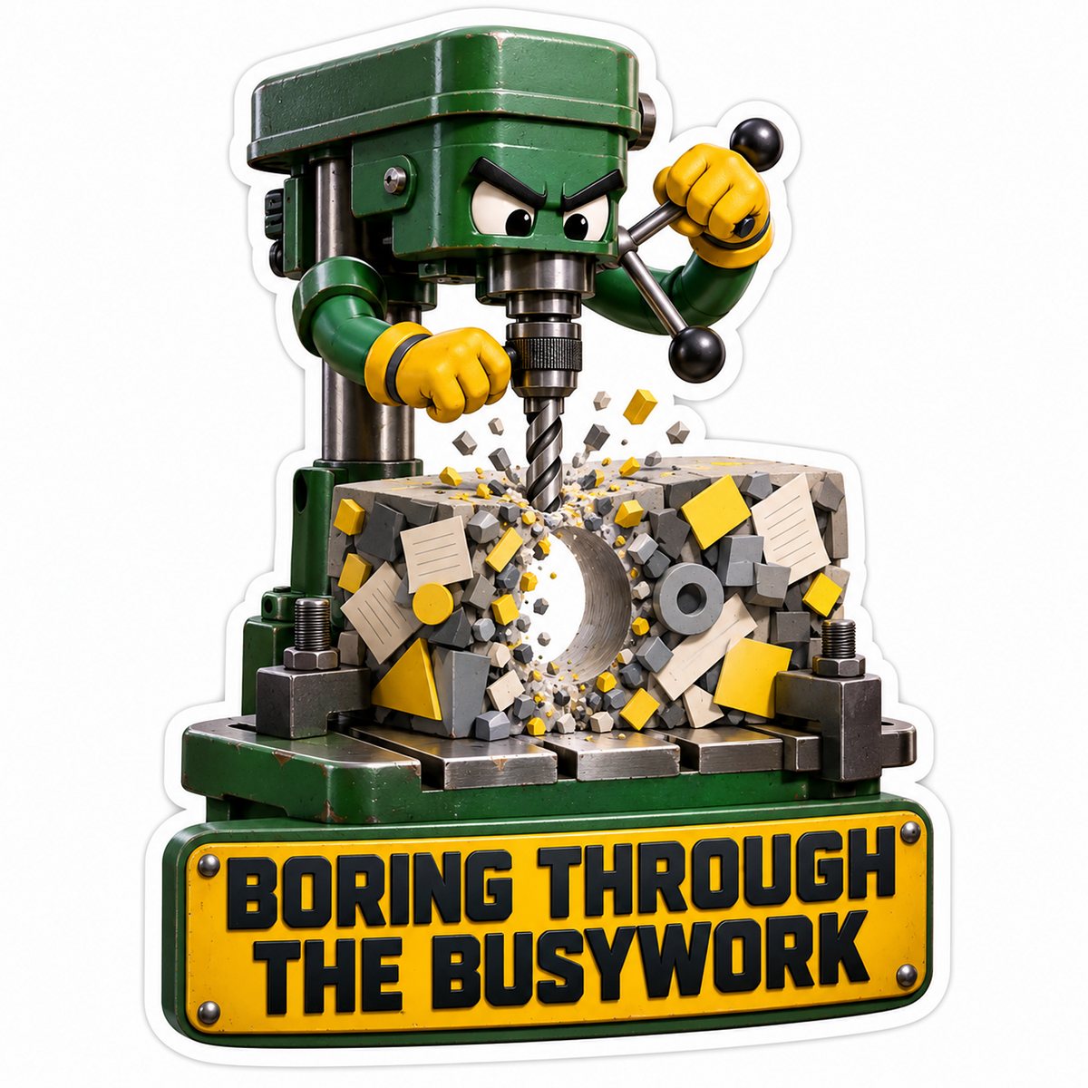 Green Drill Press Character Boring into Blocks Vinyl Decal Stickers