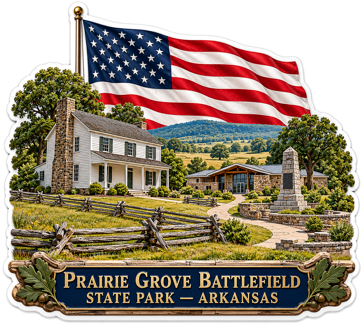 Arkansas Historic House and US Flag Art Vinyl Decal Stickers