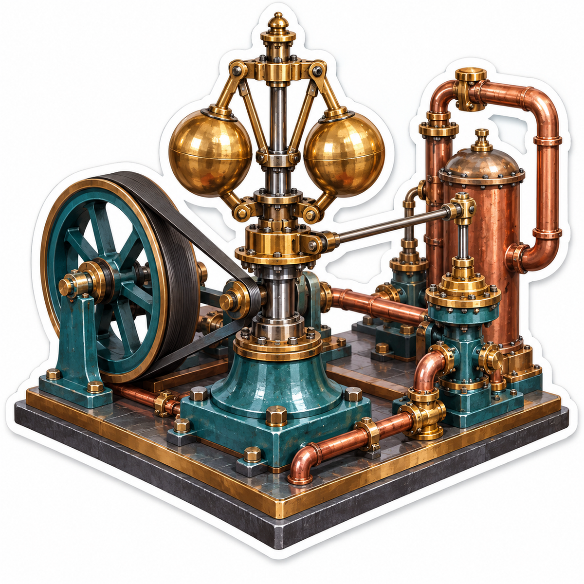 Brass Flyball Engine With Teal Wheel Art Vinyl Decal Stickers