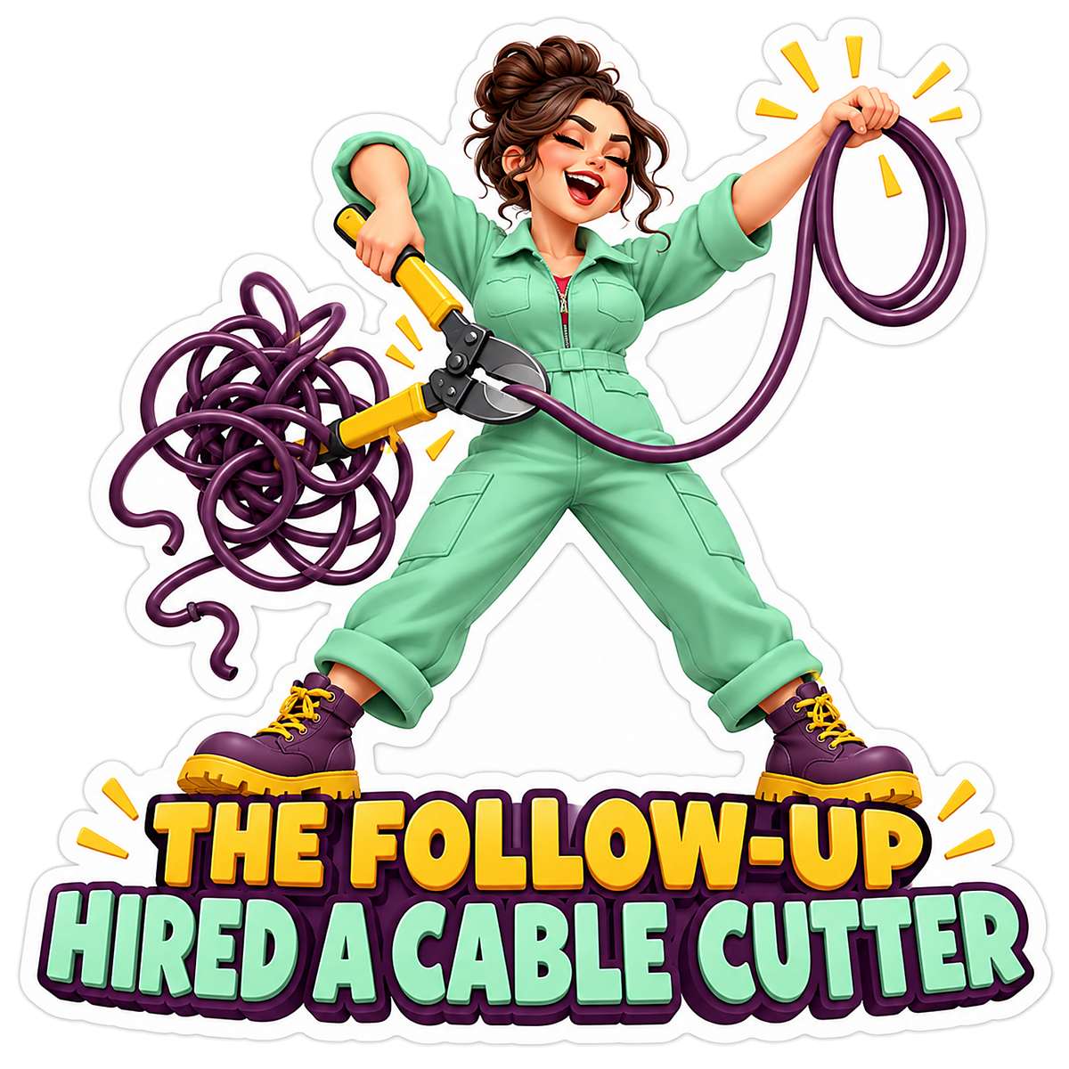 Woman Cutting Tangled Purple Cable Vinyl Decal Stickers