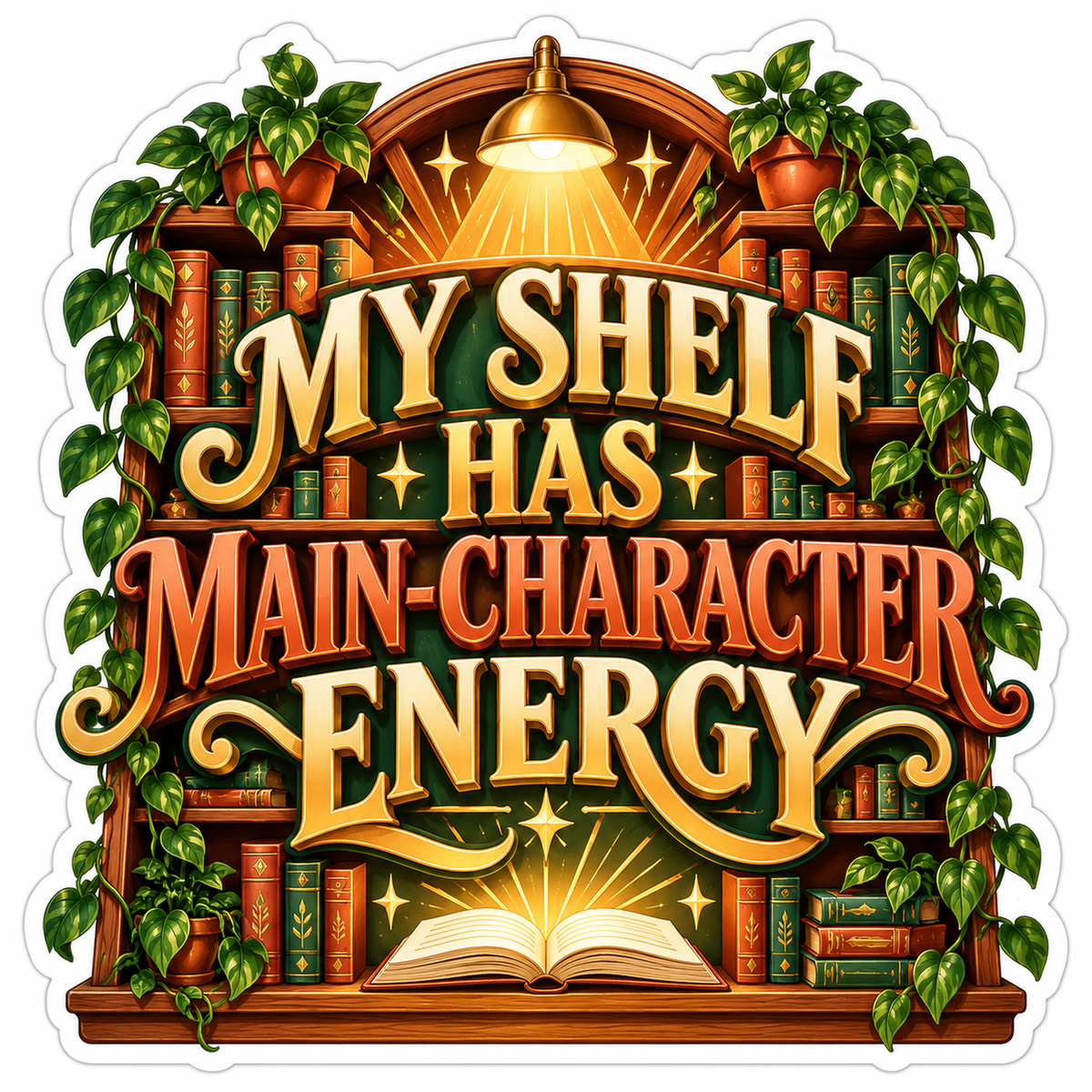 Cozy Bookshelf with Plants and Gold Lamp Art Vinyl Decal Stickers