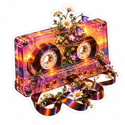Colorful Cassette Tape with Meadow Flowers Vinyl Decal Stickers