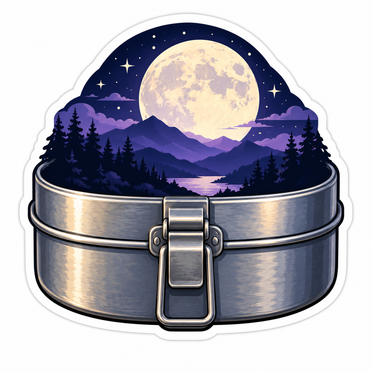 Silver Camping Tin Purple Moonlit Mountains Art Vinyl Decal Stickers