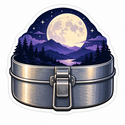 Silver Camping Tin Purple Moonlit Mountains Art Vinyl Decal Stickers