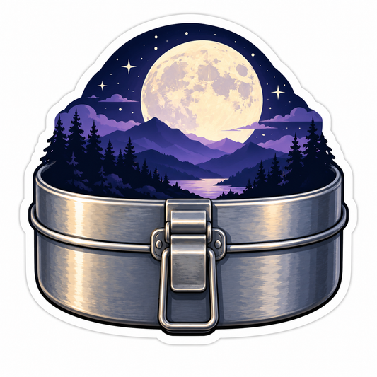 Silver Camping Tin Purple Moonlit Mountains Art Vinyl Decal Stickers