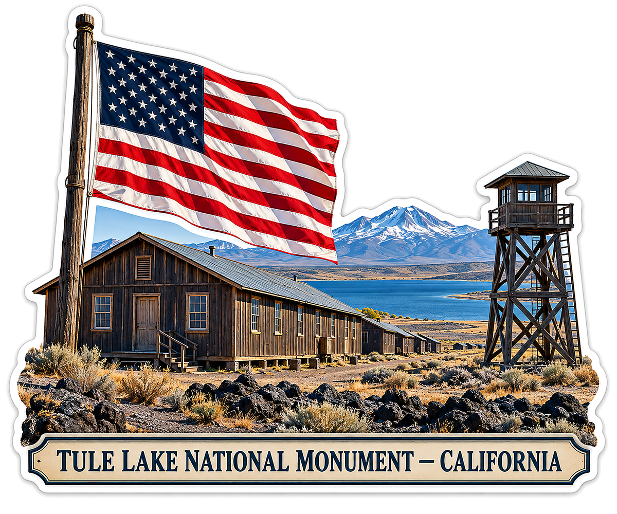 California Lakeside Barracks with US Flag Art Vinyl Decal Stickers