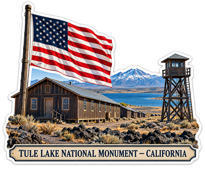 California Lakeside Barracks with US Flag Art Vinyl Decal Stickers