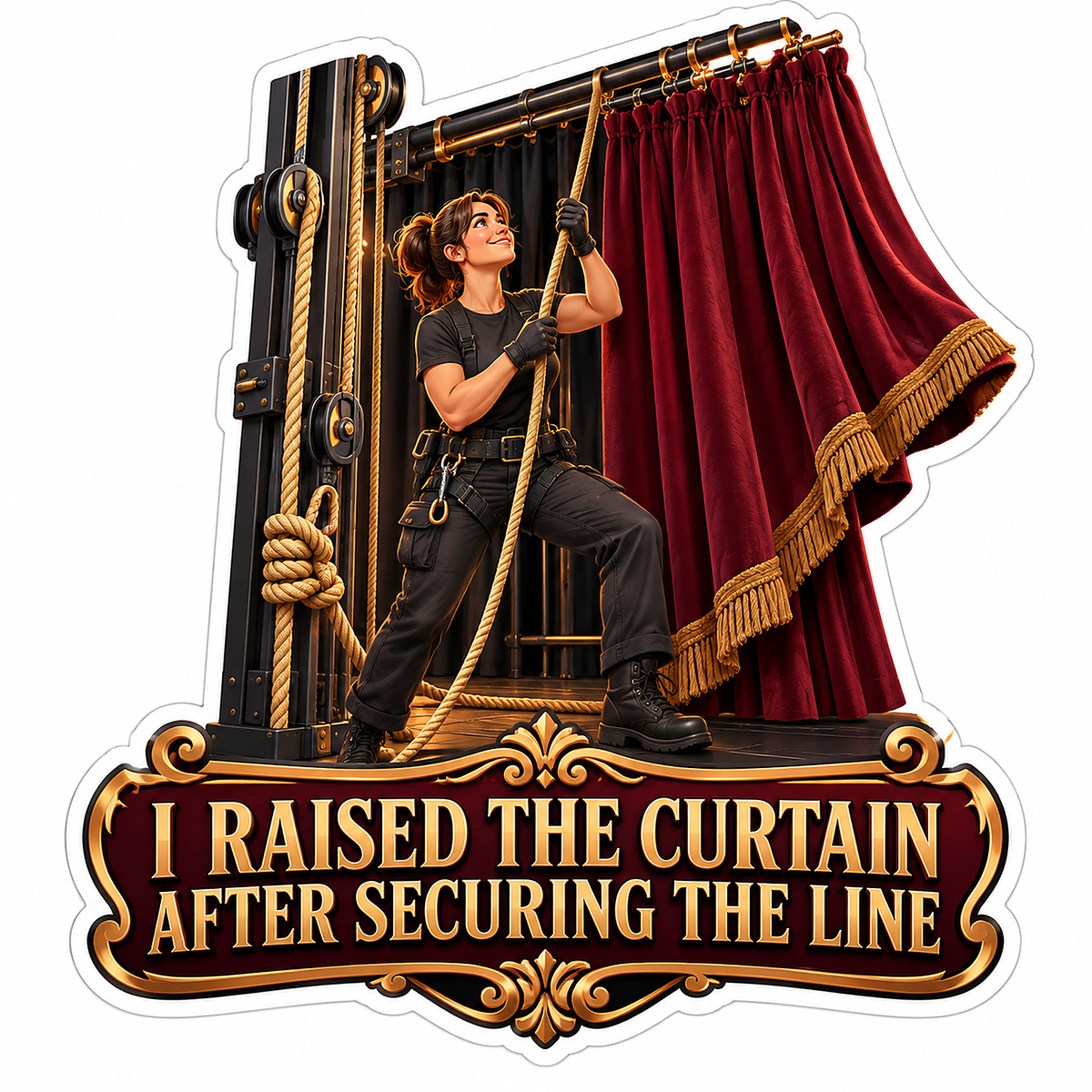 Stage Worker Raising Burgundy Curtain Quote Vinyl Decal Stickers