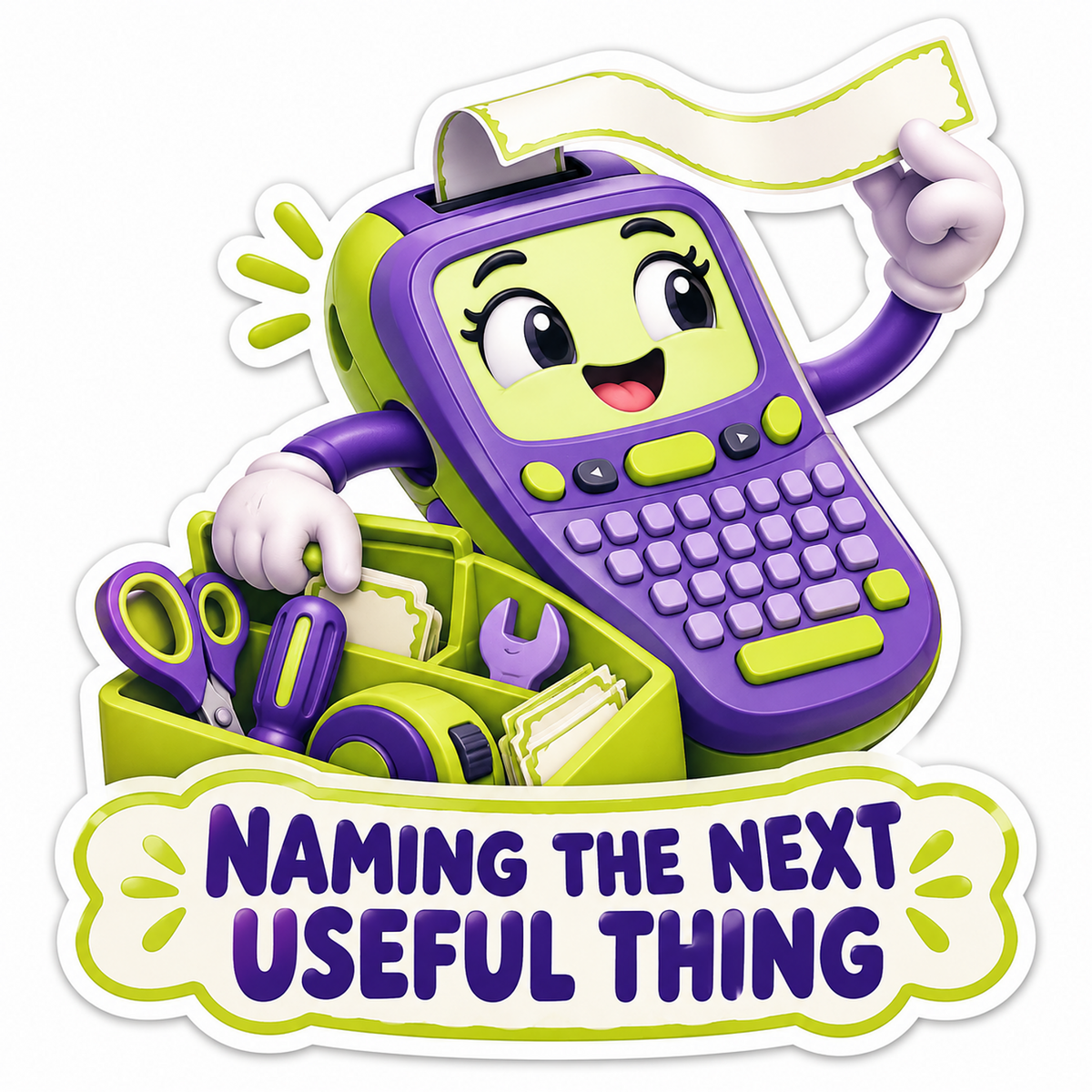Purple Green Label Maker Mascot Holding Tape Vinyl Decal Stickers