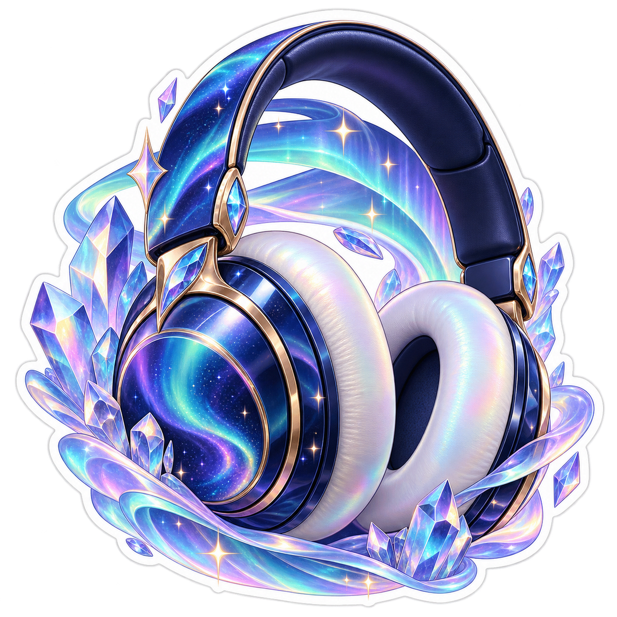 Pearl Blue Headphones With Aurora Crystals Art Vinyl Decal Stickers