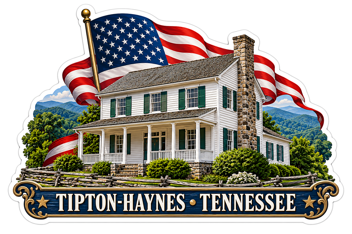 Tennessee White Porch House and US Flag Art Vinyl Decal Stickers