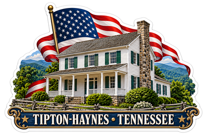 Tennessee White Porch House and US Flag Art Vinyl Decal Stickers