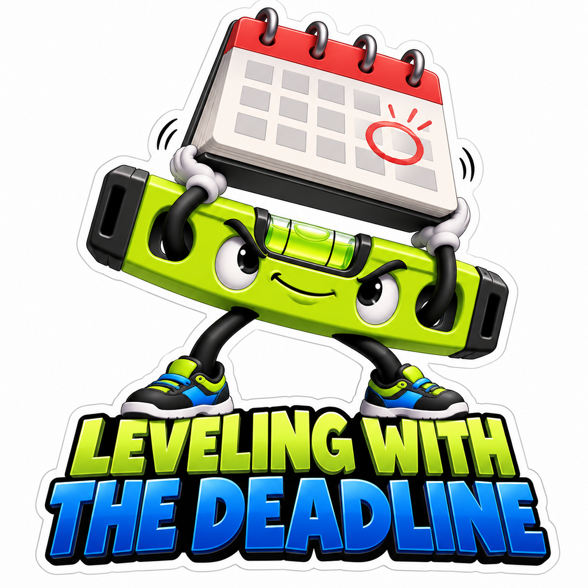 Green Spirit Level Character Lifting a Calendar Vinyl Decal Stickers