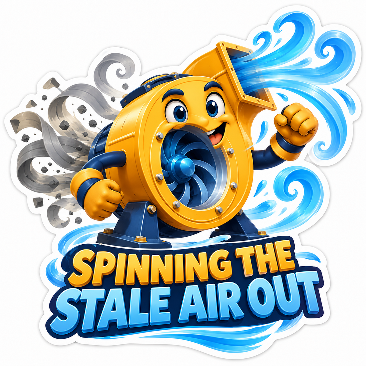 Yellow Blower Mascot Sending Out Blue Air Vinyl Decal Stickers