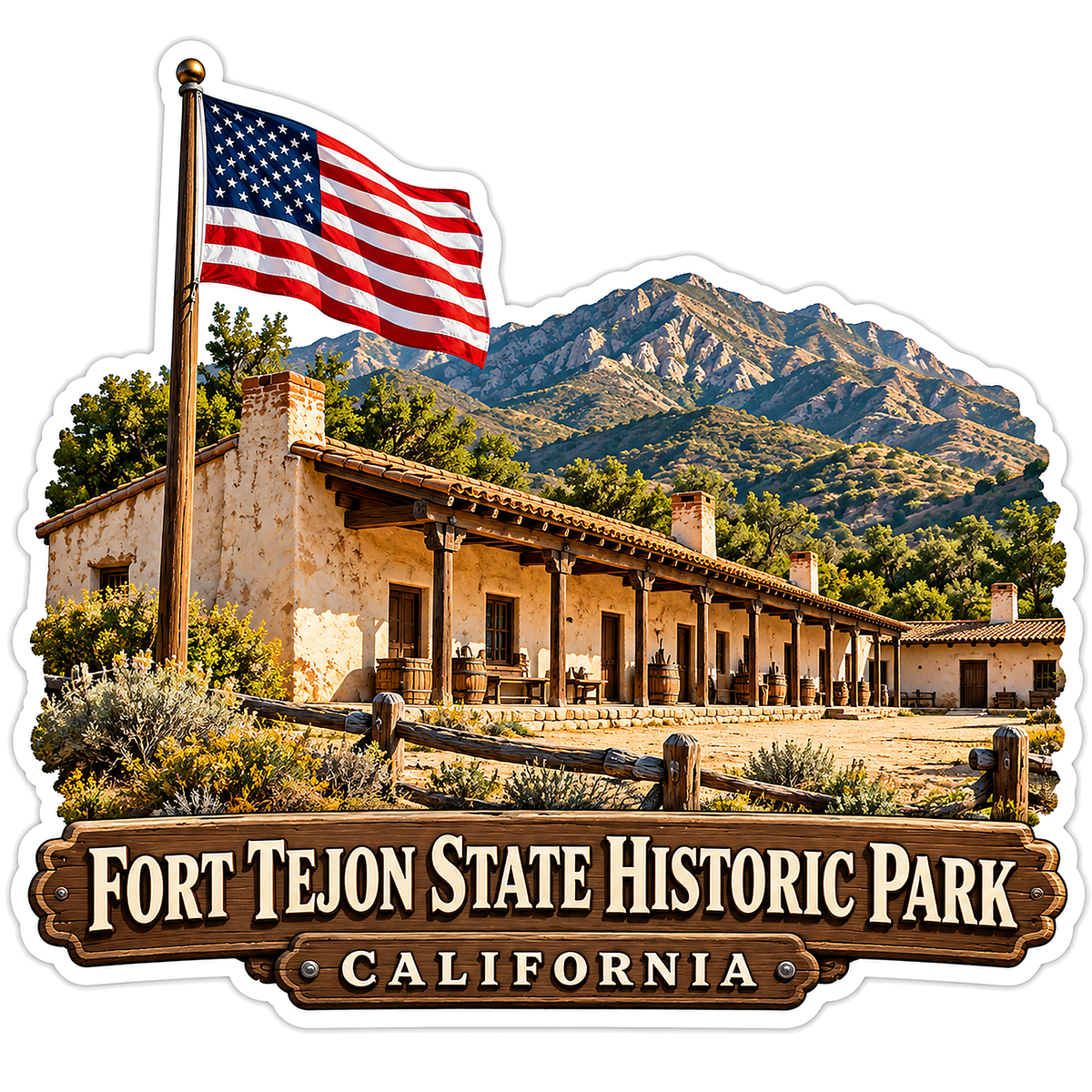 Fort Tejon Historic Buildings and US Flag Vinyl Decal Stickers