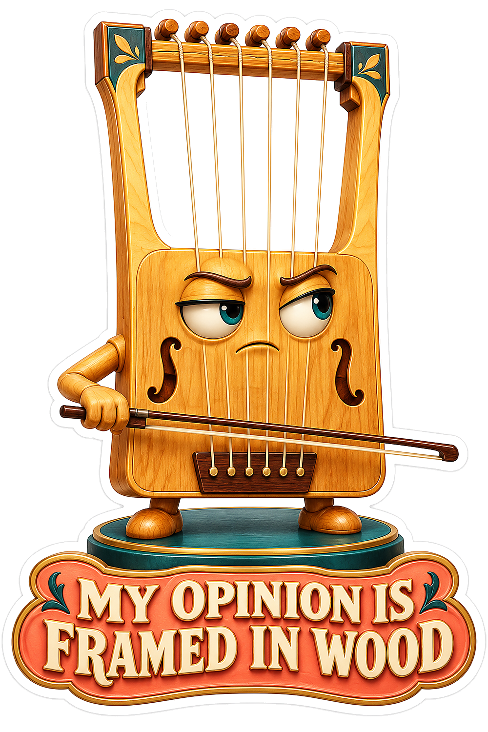 Wooden Bowed Lyre Character with Stern Face Vinyl Decal Stickers