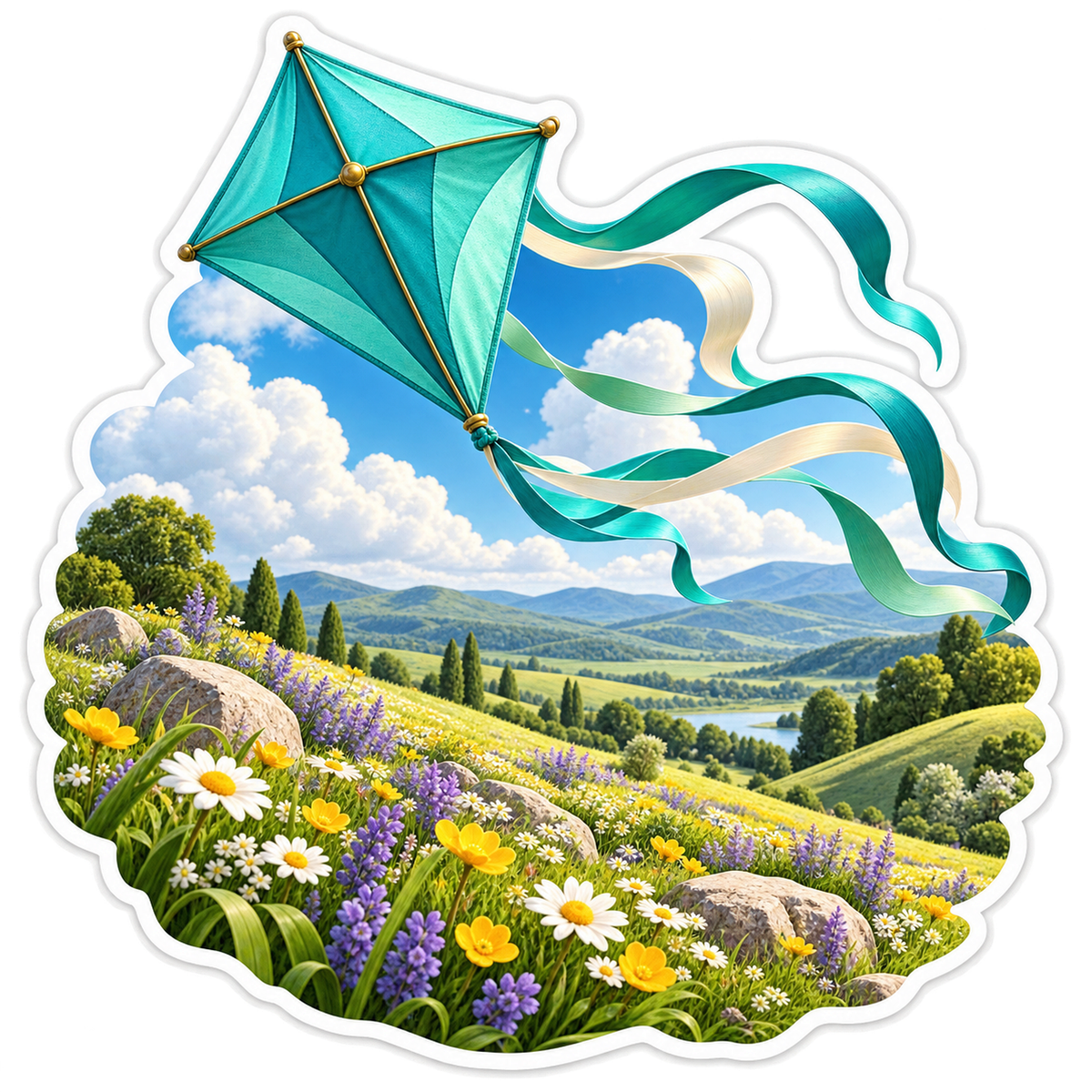 Teal Ribbon Kite Above Flower Meadows Art Vinyl Decal Stickers