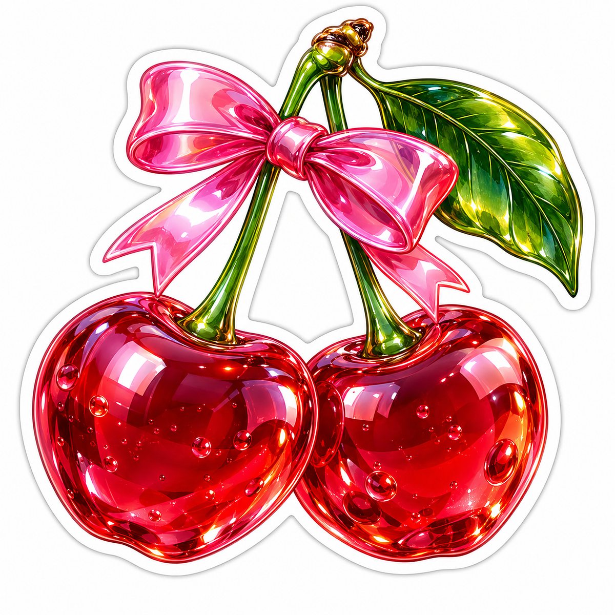 Ruby Red Glass Cherries With Pink Bow Art Vinyl Decal Stickers