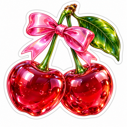 Ruby Red Glass Cherries With Pink Bow Art Vinyl Decal Stickers