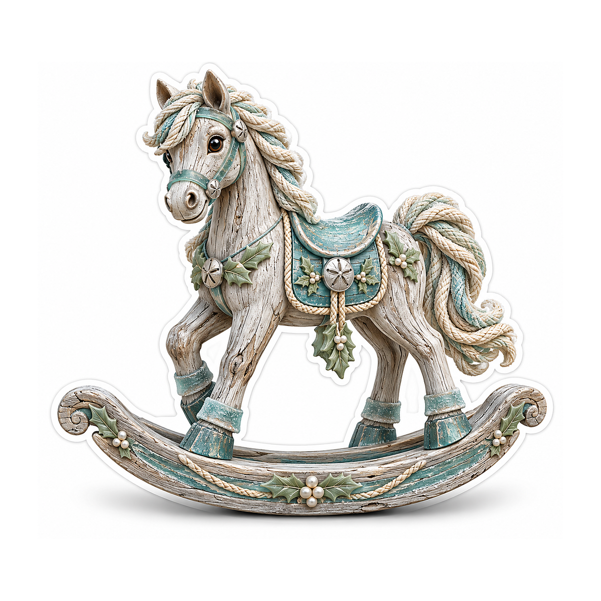 Weathered White Teal Rocking Horse Art Vinyl Decal Stickers