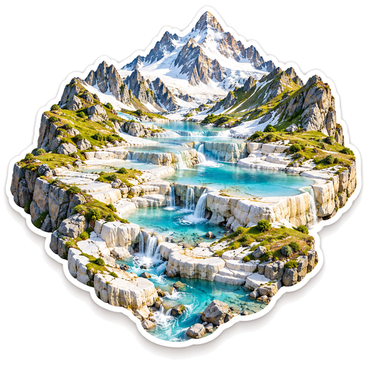 Snowy Mountain above Stepped Turquoise Pools Vinyl Decal Stickers